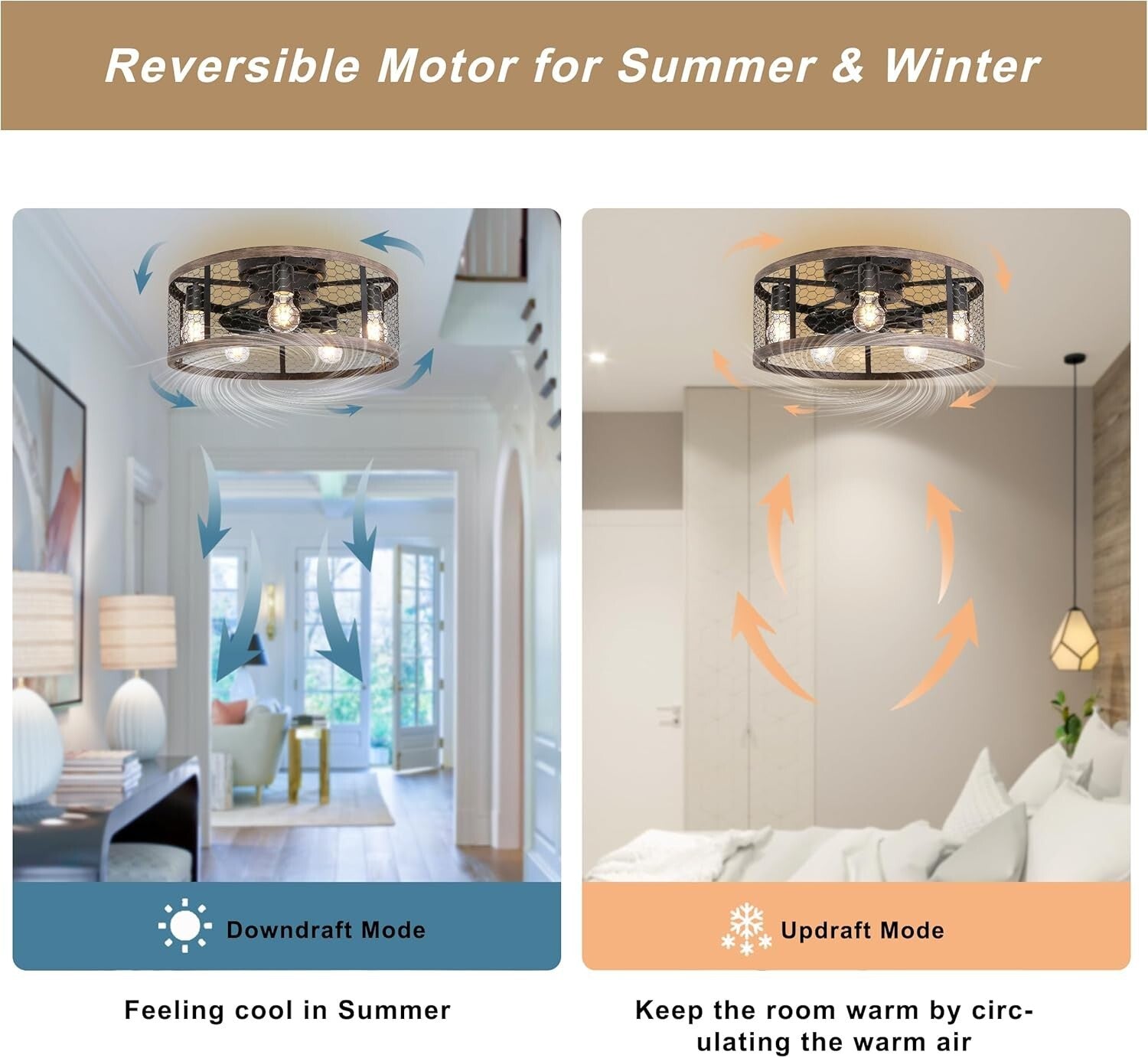 20'' Flush Mount Rustic Ceiling Fan with Lights & Remote for Stylish Spaces