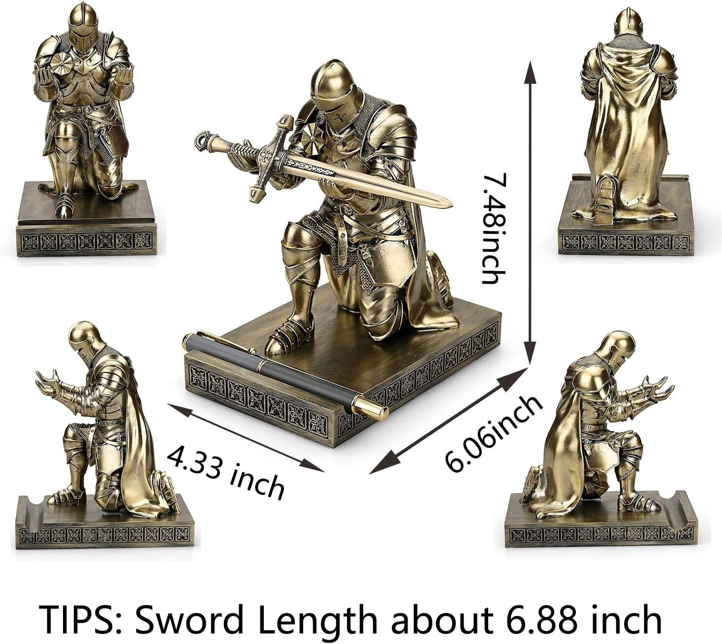 Elegant King's Guard Knight Pen Holder & Mobile Stand - Bronze Desk Ornament