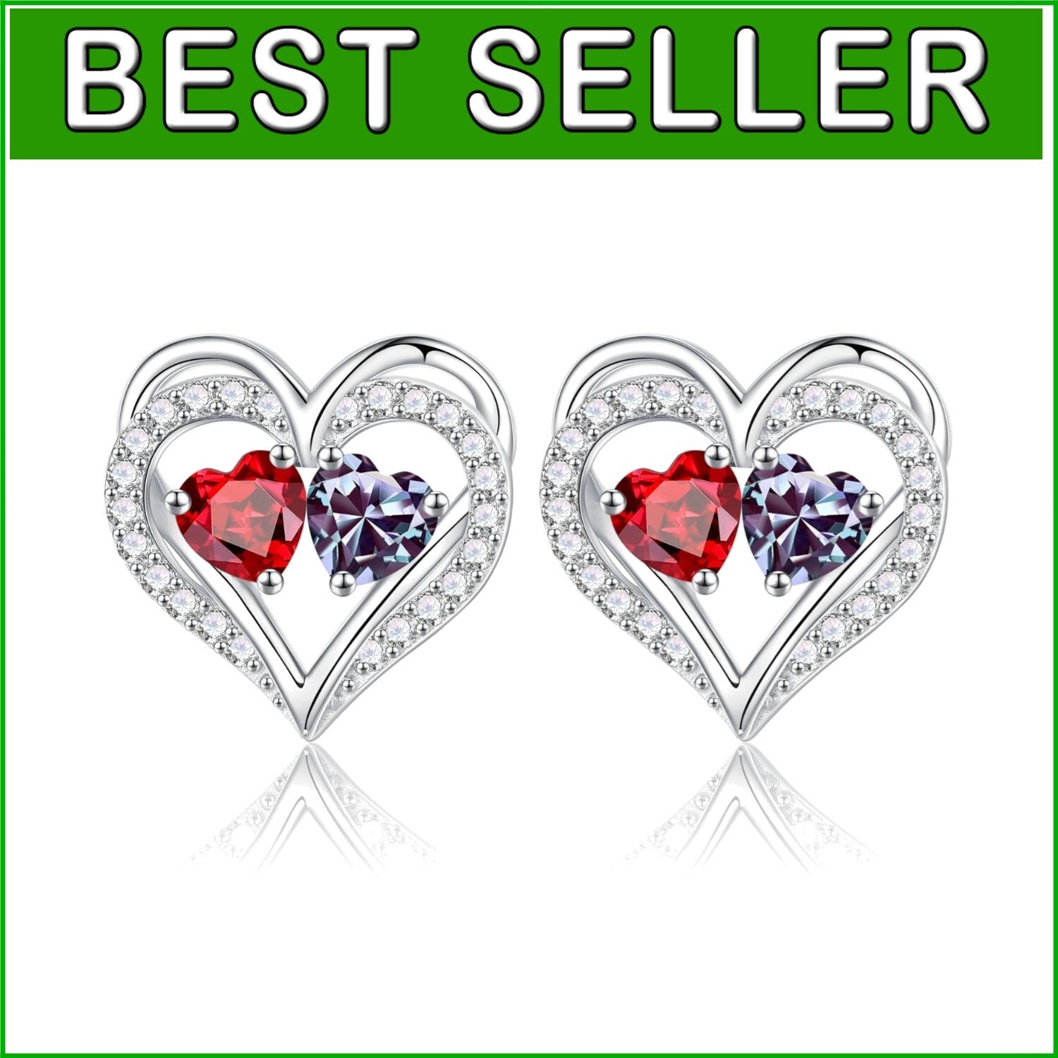 925 Sterling Silver Double Birthstone Heart Earrings - Meaningful Gift for Her
