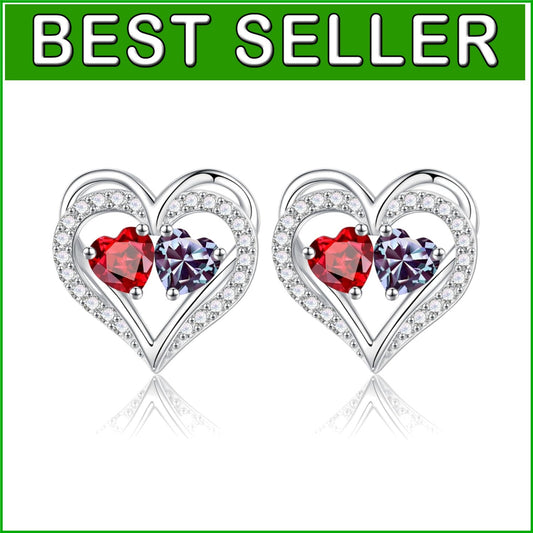 925 Sterling Silver Double Birthstone Heart Earrings - Meaningful Gift for Her