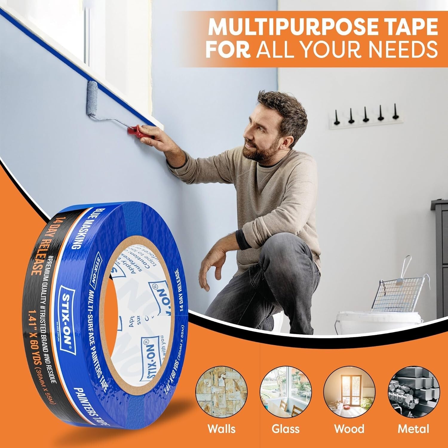 1.5 Inch Blue Painters Tape - 24 Rolls, Residue-Free for Perfect Paint Lines