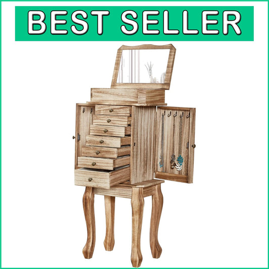Elegant Jewelry Chest with 7 Drawers & Mirror - Freestanding Rustic Wood Design