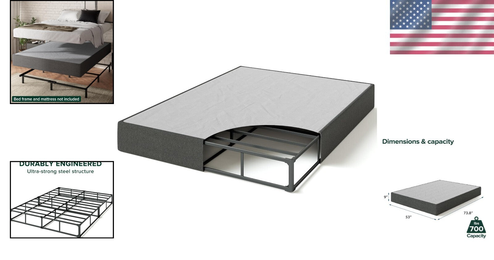 Quick Assembly Full Size 9-Inch Mattress Foundation - Durable Grey Steel Frame