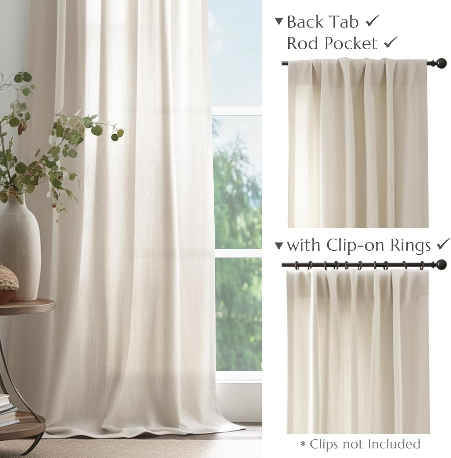Luxurious 50x102 Linen Blend Curtains - Rod Pocket & Back Tab - Machine Washable