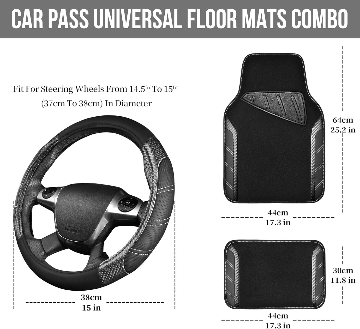 Carbon Fiber Black Steering Wheel Cover & Waterproof Car Mats for All Vehicles
