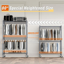 Load image into Gallery viewer, 3-Tier Adjustable Garment Rack with Rolling Wheels &amp; Side Hooks - Gray Finish