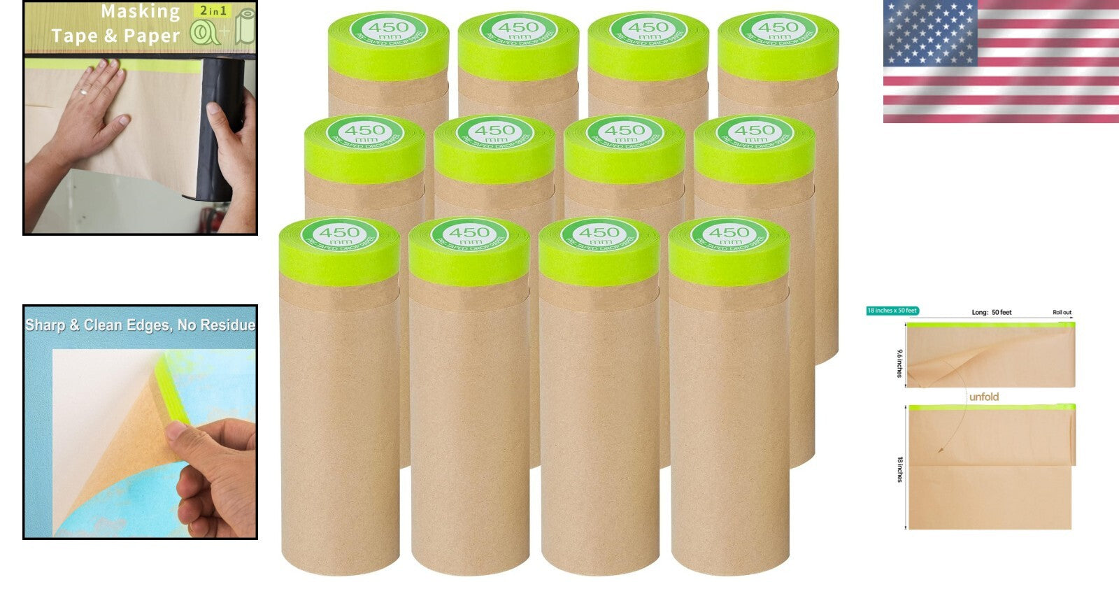 Tear-Resistant Pre-Taped Masking Paper Roll - 18" x 50' for Home & Auto Projects