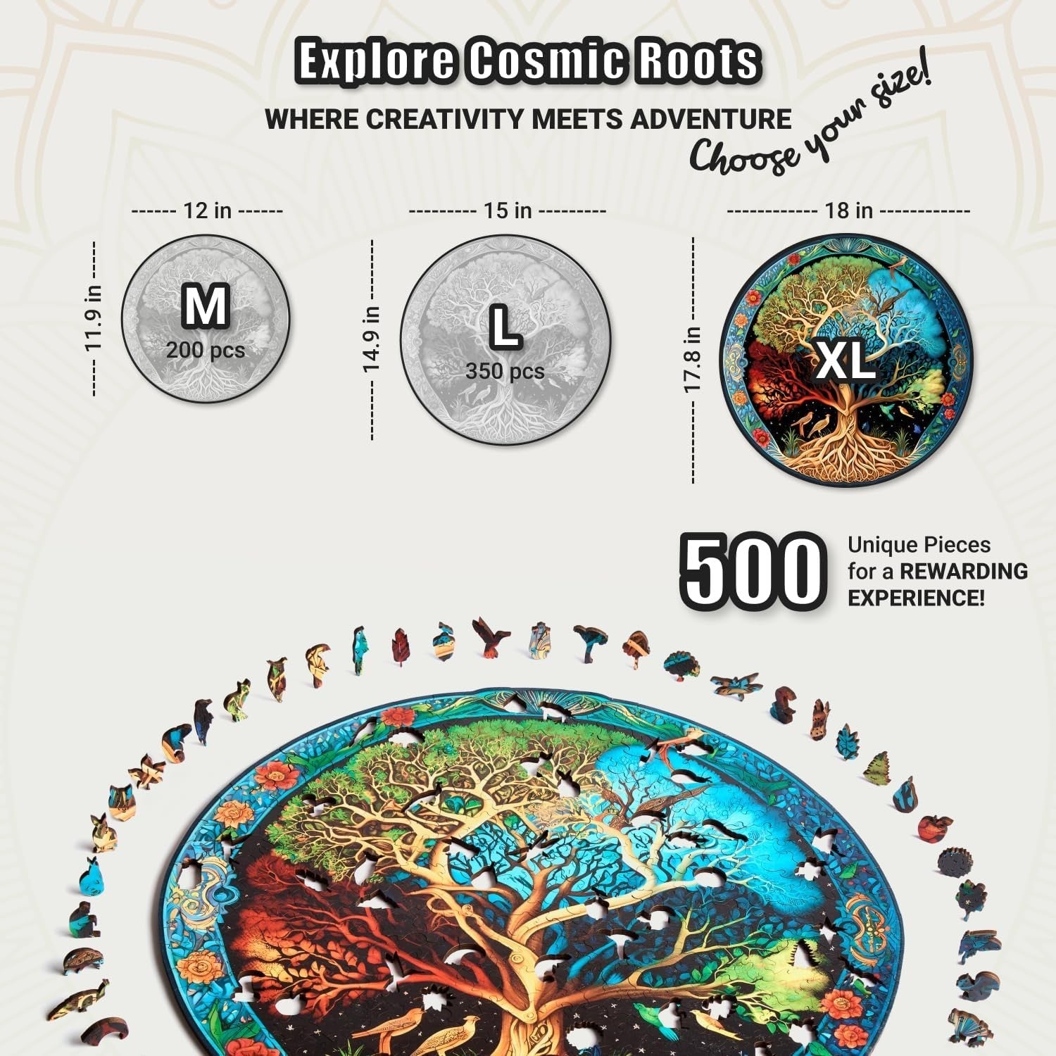 Extra-Thick Round 500-Piece Wooden Puzzle with Creative Hand-Shaped Pieces