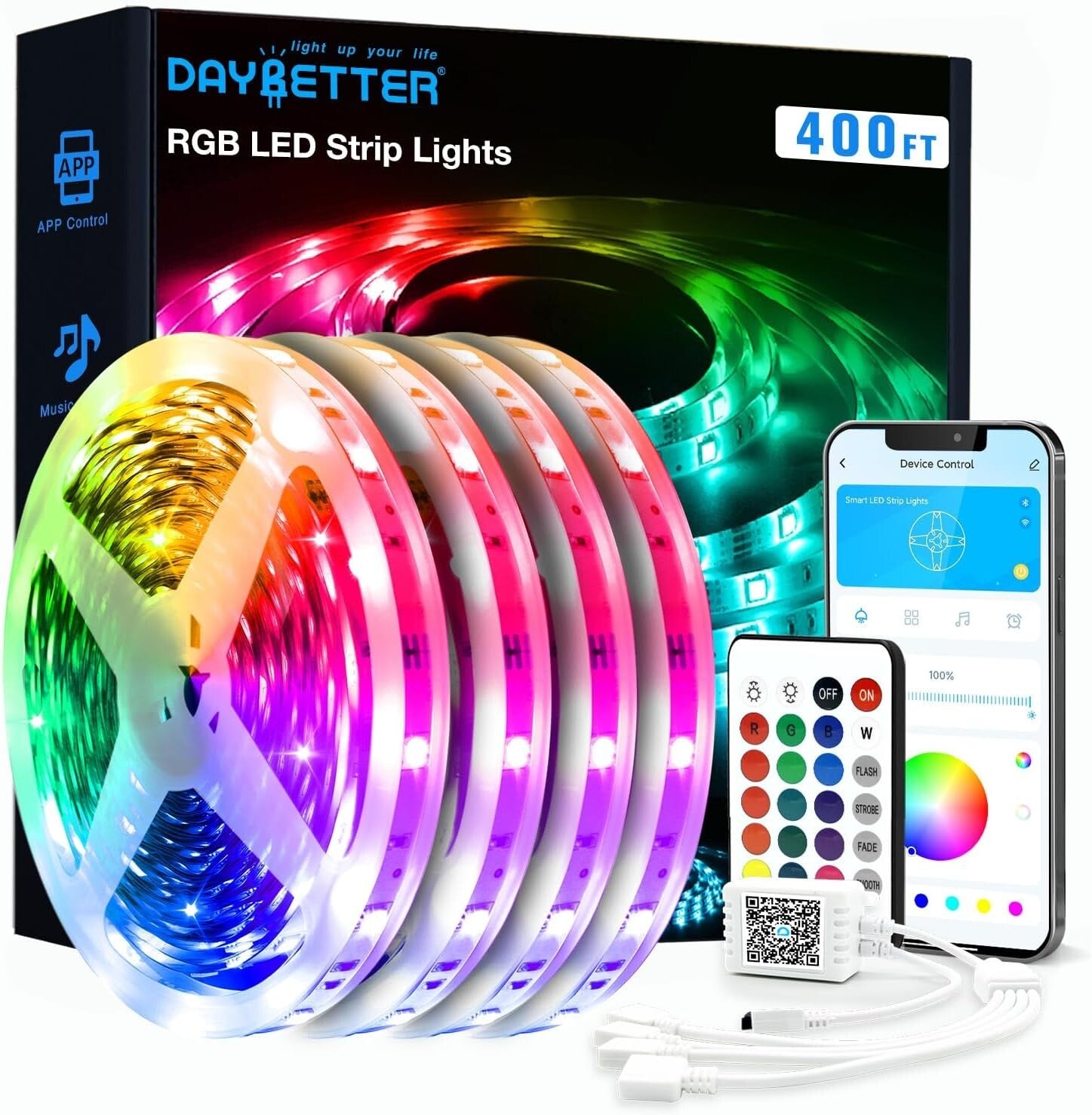 Creative LED Strip Lights 400ft - Music Sync & Timer for Fun Bedroom Decoration