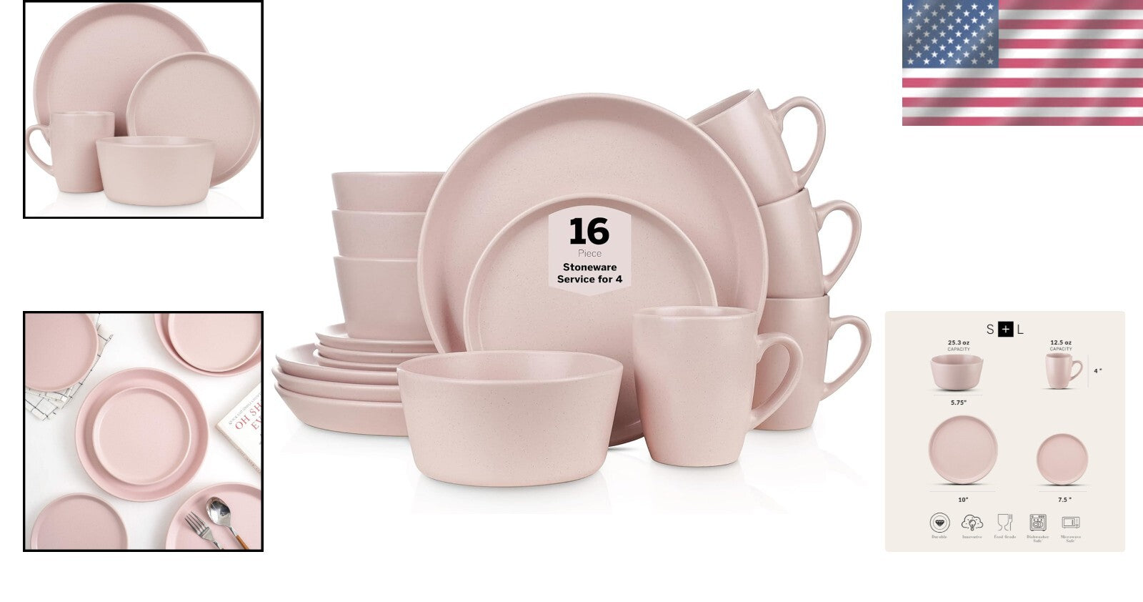 Chic 16-Piece Pink Stoneware Dinnerware Service for 4 - Perfect for Any Occasion