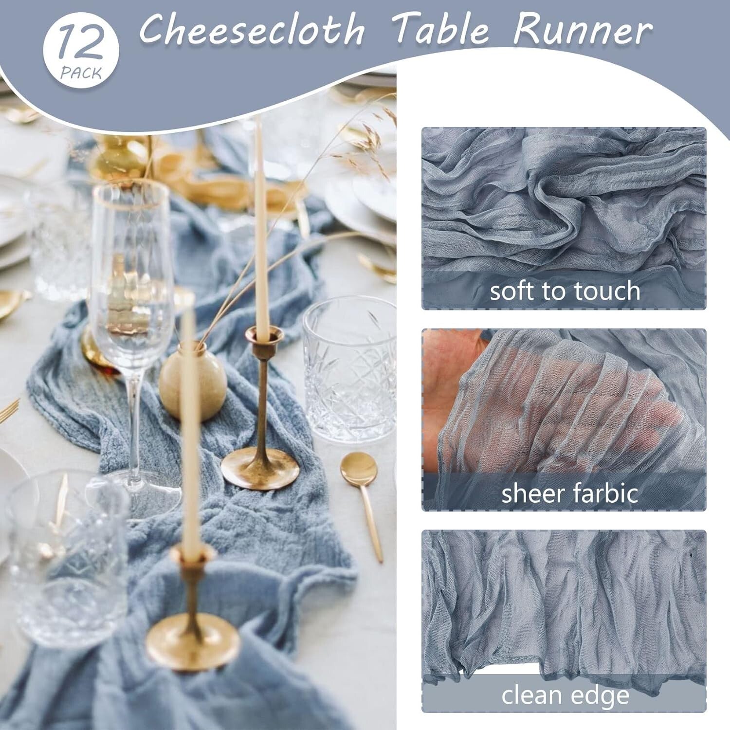 Versatile 10ft Dusty Blue Cheesecloth Table Runners - 12 Pack for All Occasions