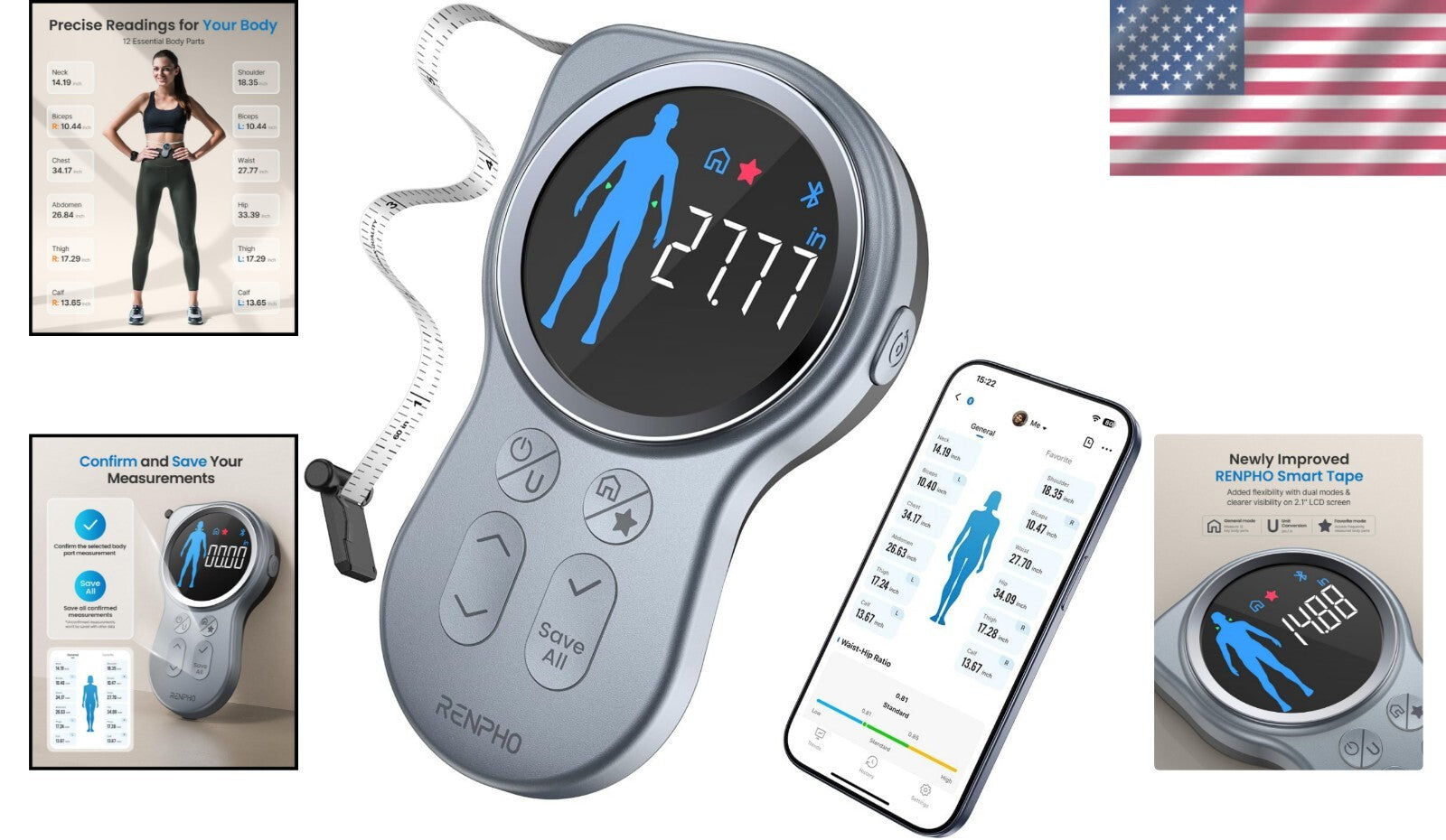 Ergonomic Smart Tape Measure with Large Display & Health App Integration