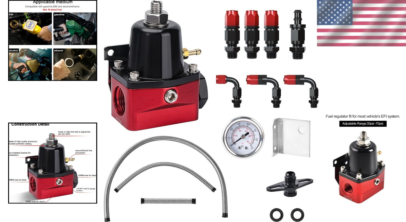 Dual Compatibility 6AN EFI Bypass Fuel Regulator - 30 to 70 PSI Adjustable