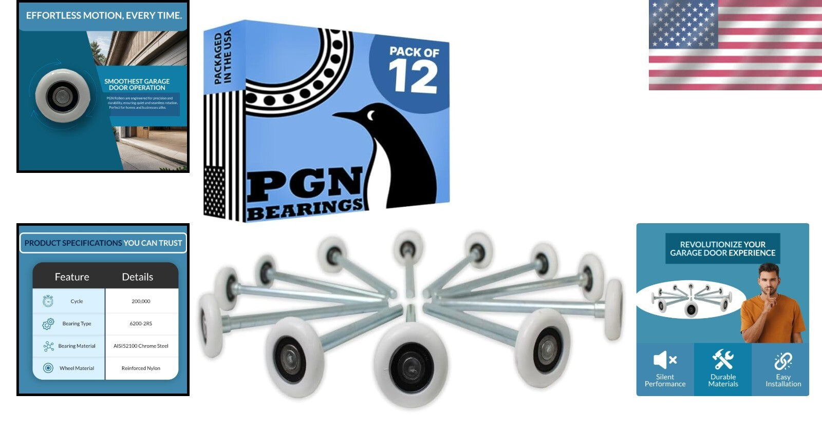 12-Pack of Low-Friction 2" Nylon Garage Door Wheels - Quiet Operation with Seals