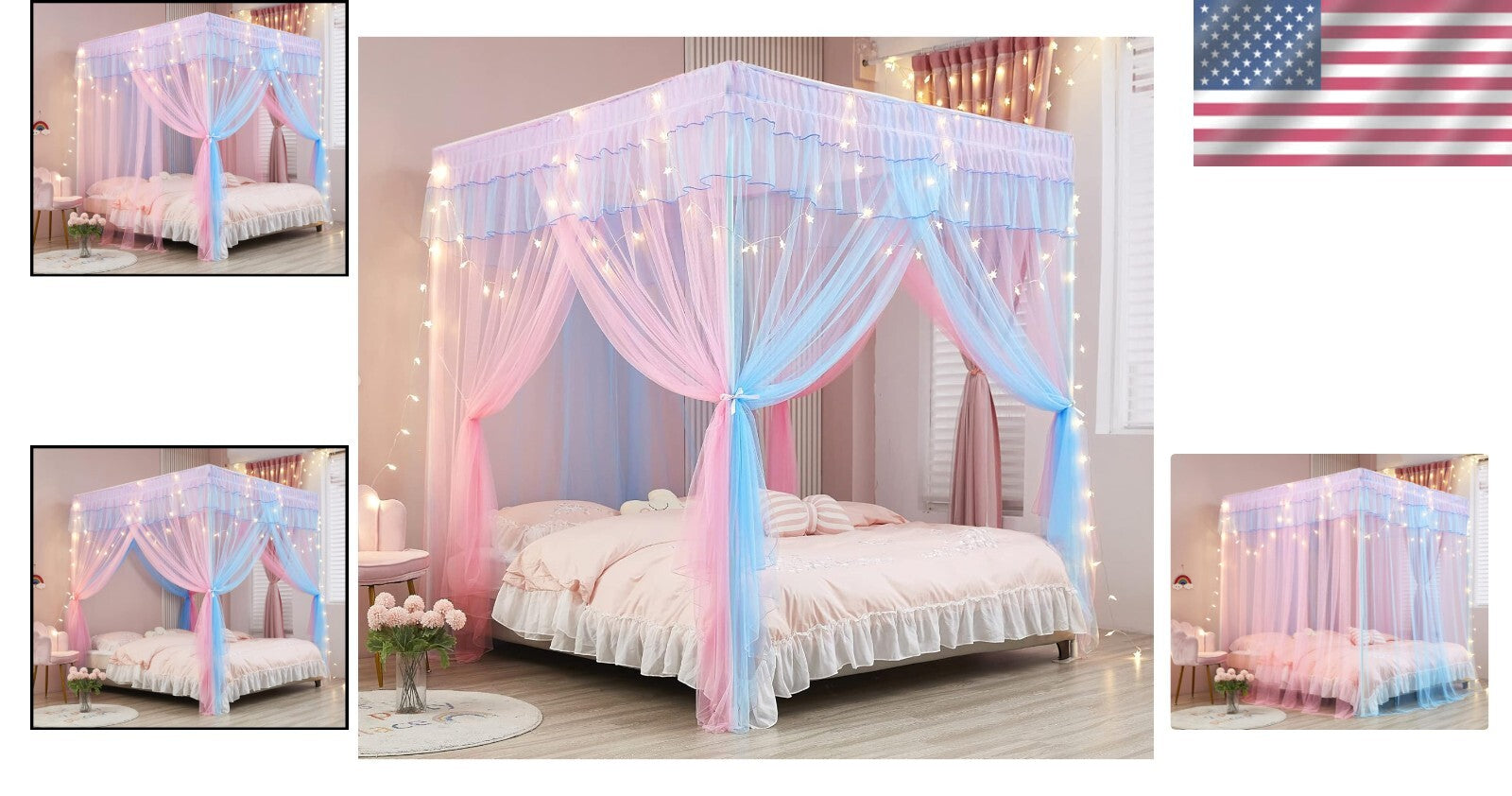 Enchanting Rainbow Canopy Bed Drapes for Girls with 2 Star Lights - Twin Size