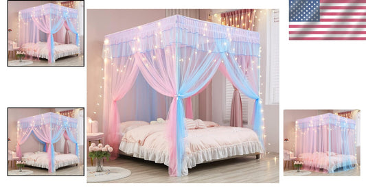 Enchanting Rainbow Canopy Bed Drapes for Girls with 2 Star Lights - Twin Size