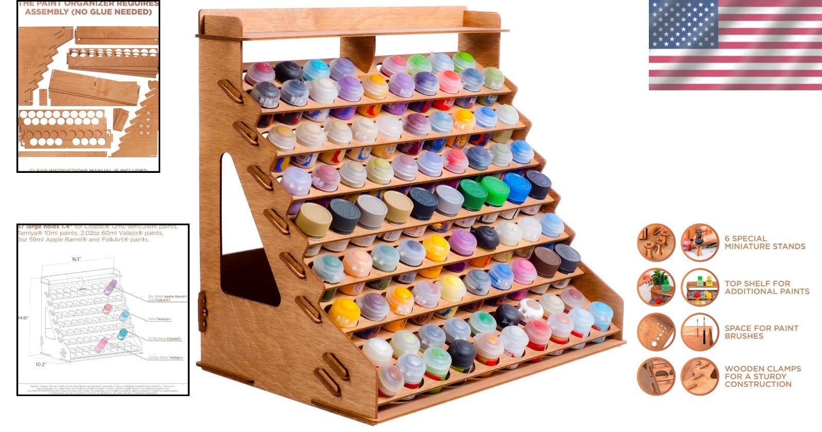 Elegant Wooden Paint Organizer for 87 Bottles & 14 Brushes - Easy Assembly