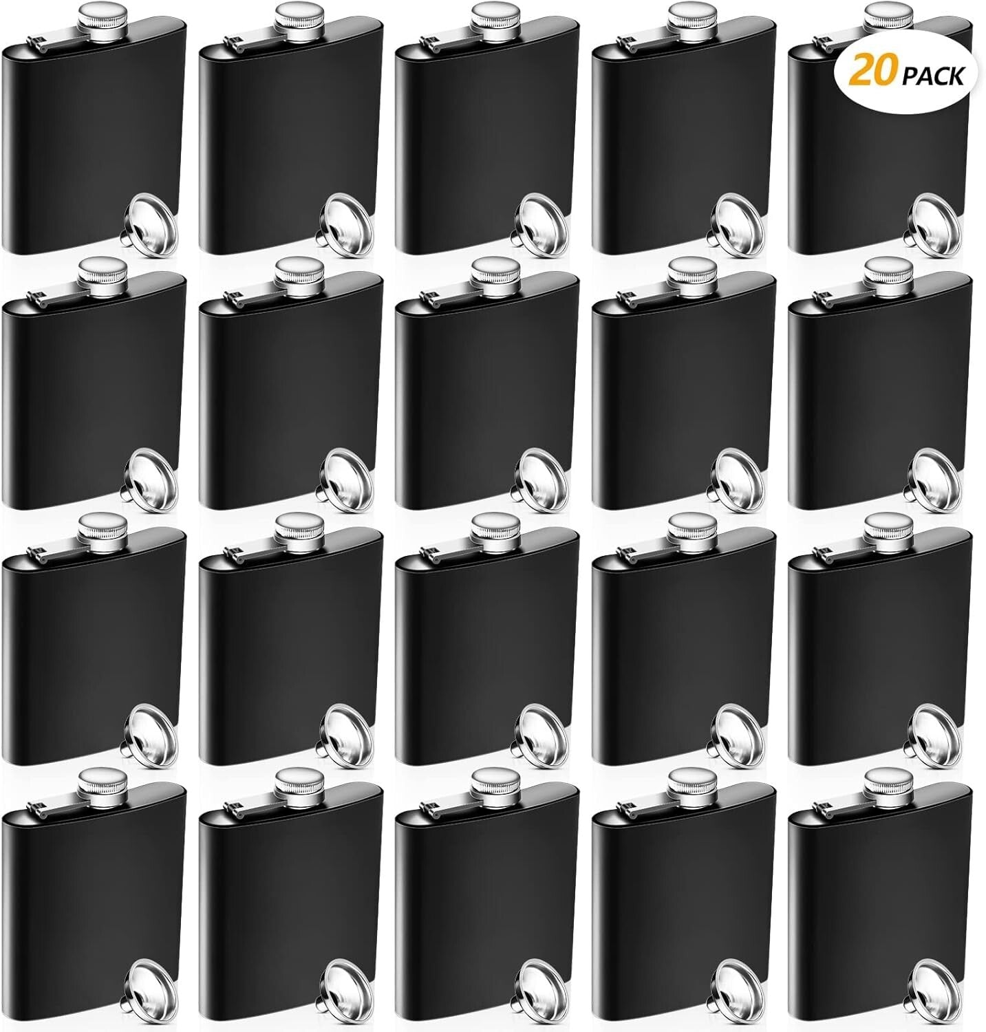 20-Piece Matte Black Stainless Steel Hip Flask Set with Funnels - Leak Proof