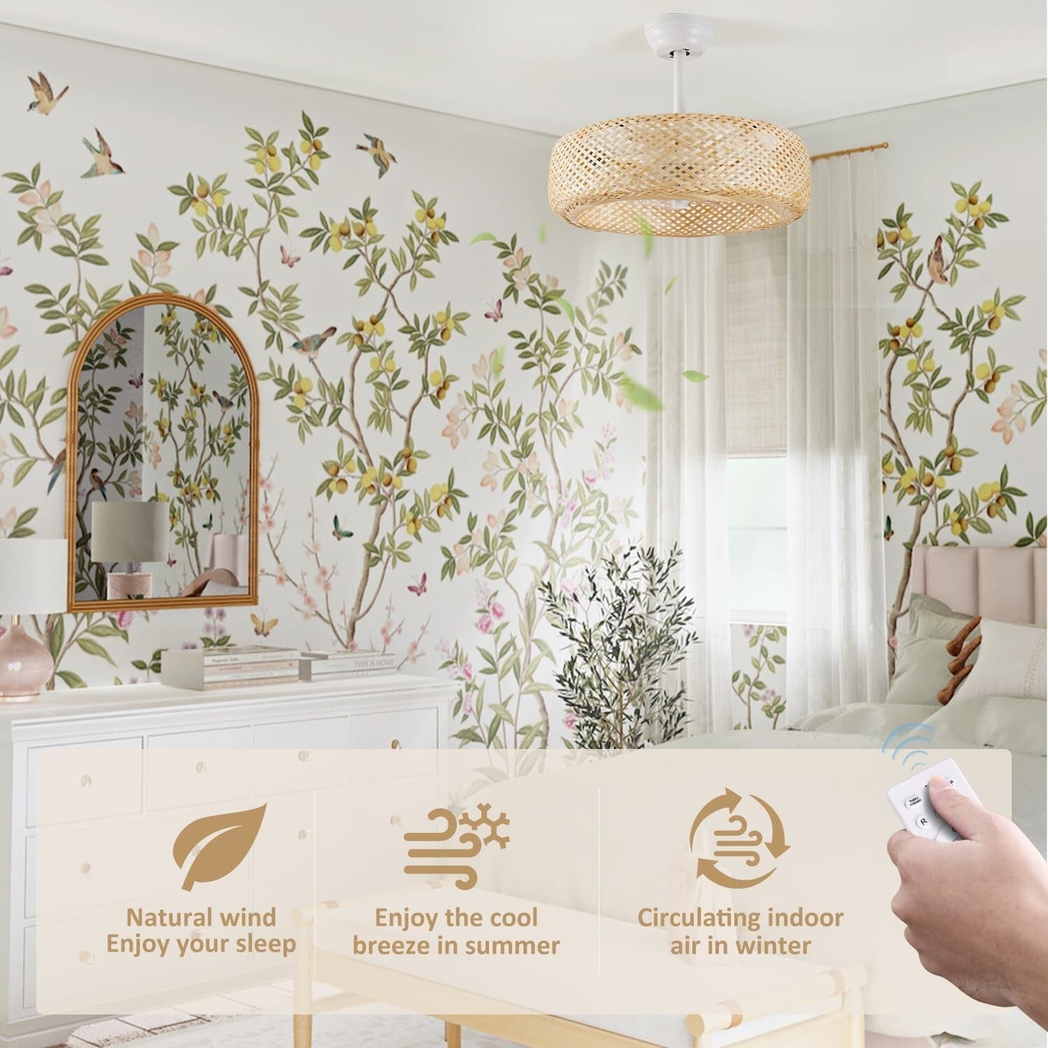 Stylish 20" Boho Rattan Caged Ceiling Fan with Remote Control - Flush Mount