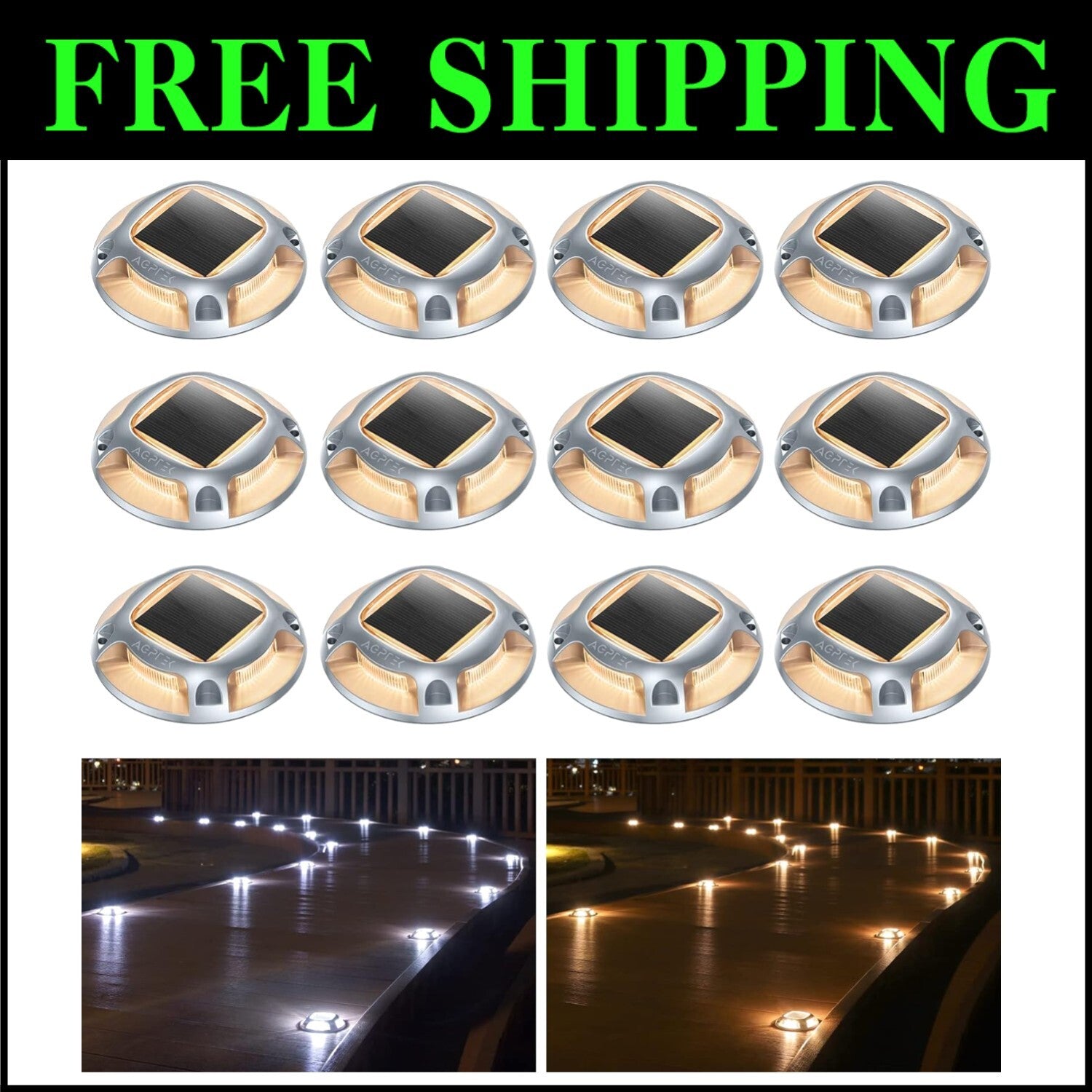 12 Pack Waterproof Solar Deck Lights – Dusk to Dawn Dual Color LED Illumination