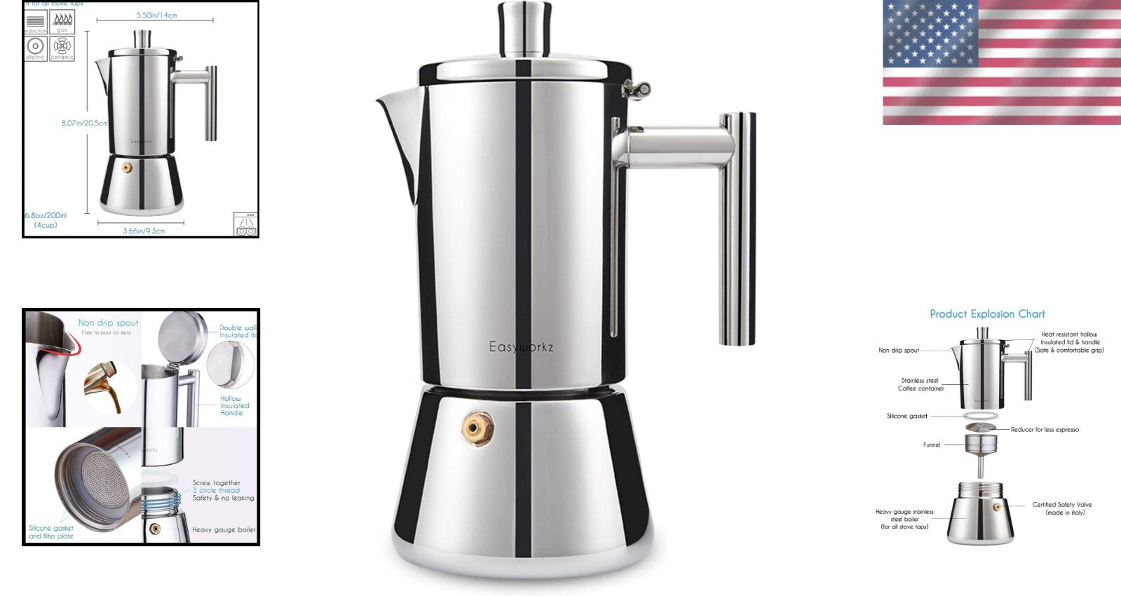 Elegant Italian 4-Cup Stainless Steel Espresso Maker – Safe and Durable Design