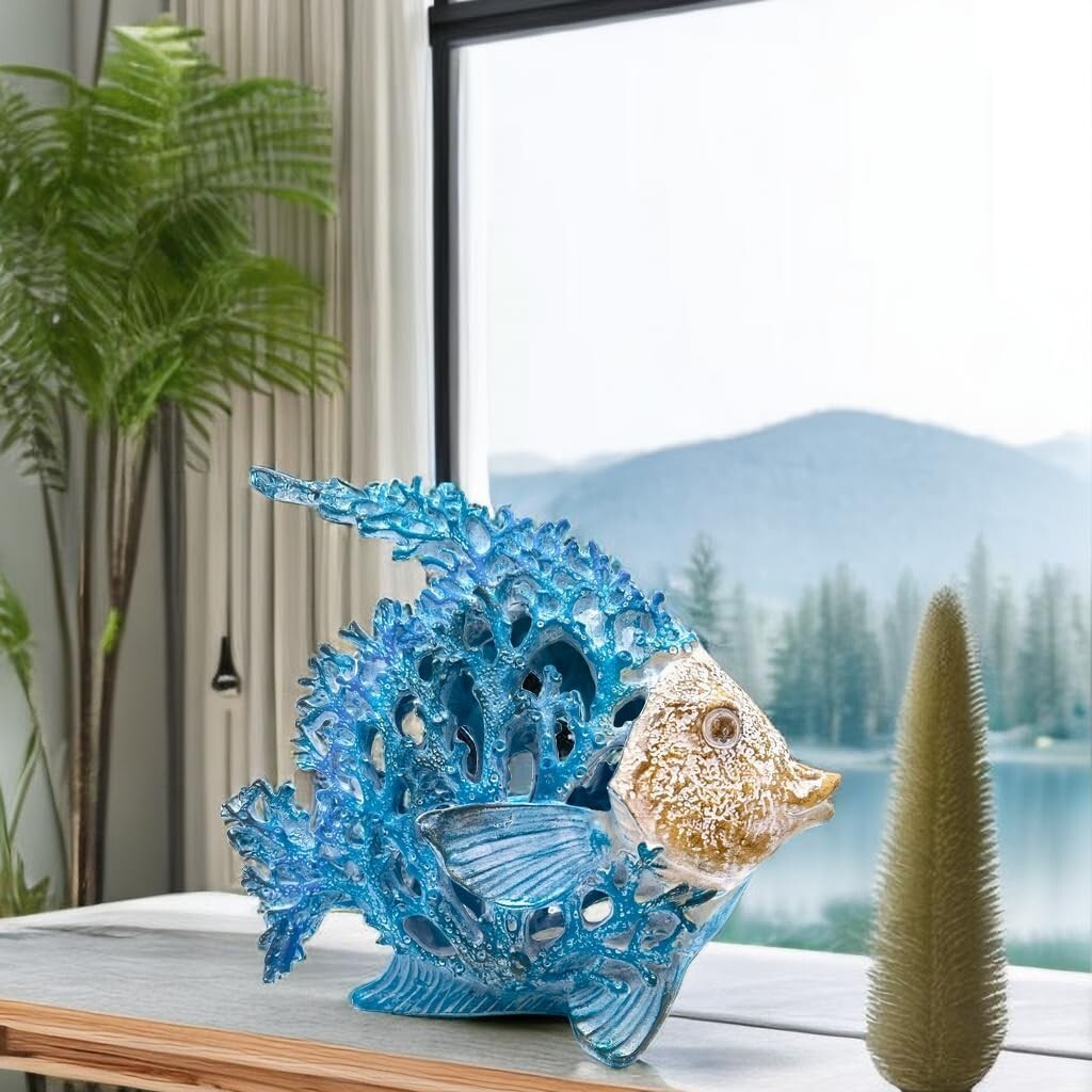 Coastal Coral Reef Angel Sculpture in Turquoise & Blue - Art Deco Tabletop Decor