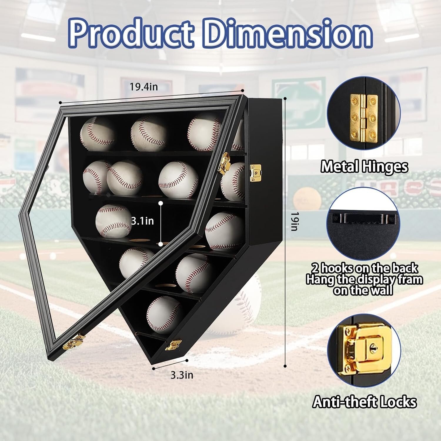 Black Wooden Baseball Display Cabinet with Gold Locks - Perfect for Collectors