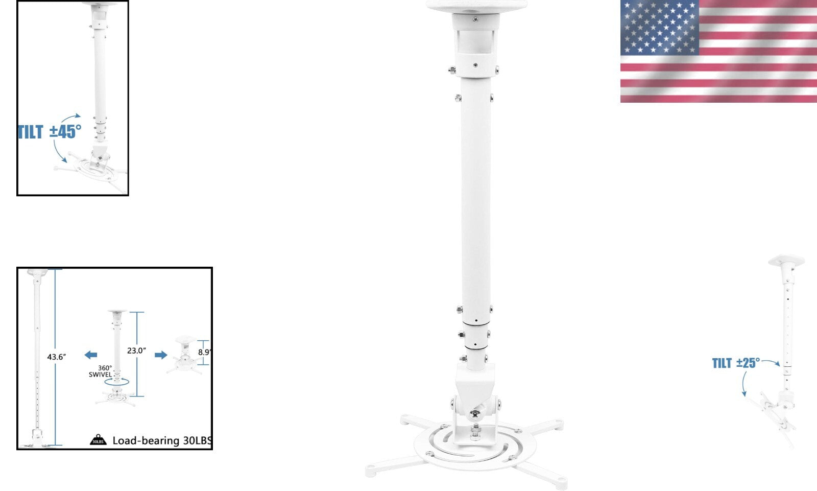 Full Motion Universal Ceiling Projector Mount - Adjustable Height & Extendable