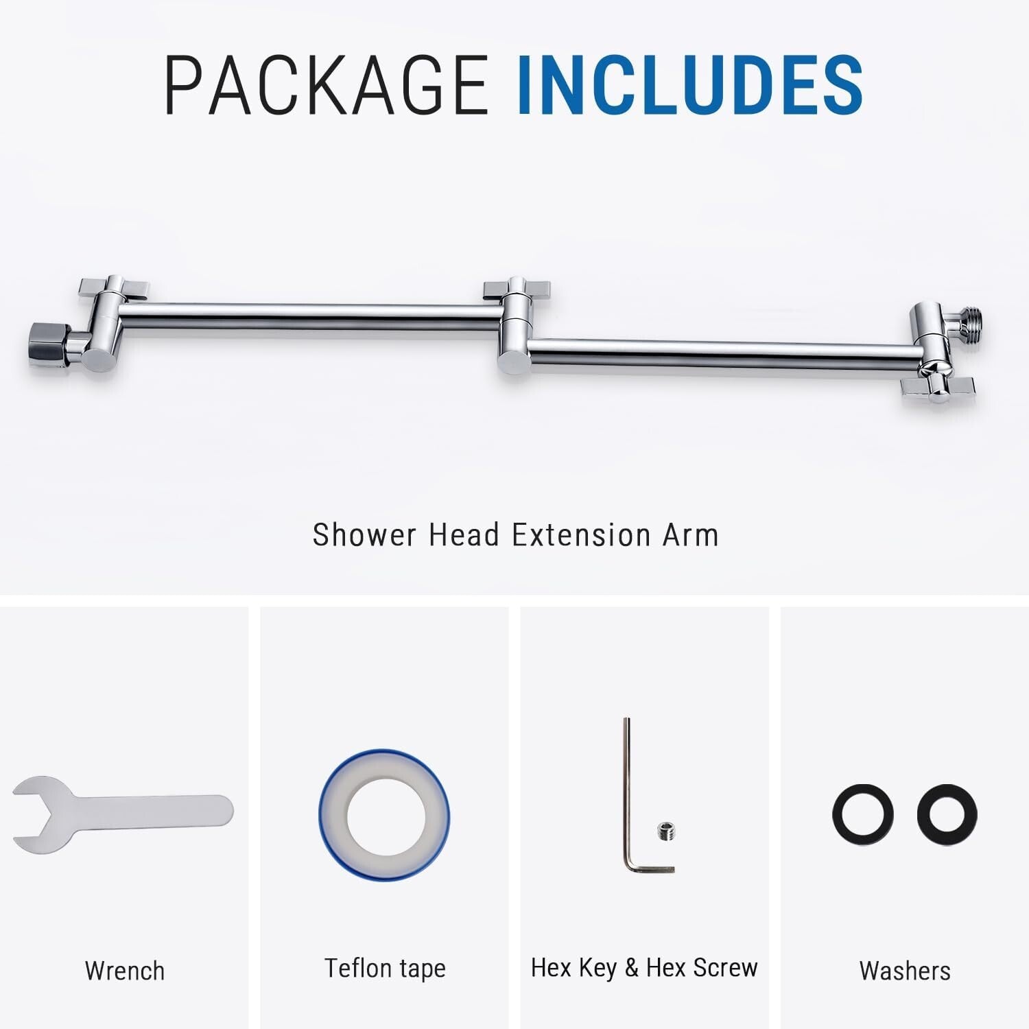 Easy Install 18 Inch Chrome Shower Head Extension - Solid Brass & Adjustable