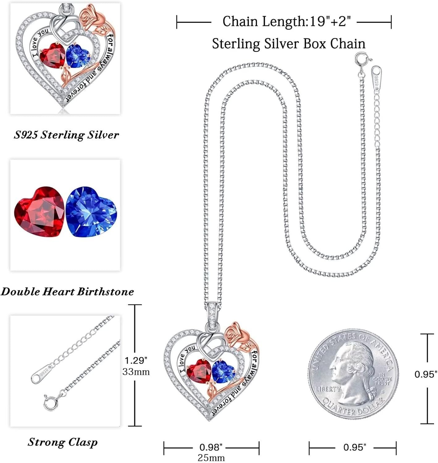 925 Sterling Silver Double Birthstone Heart Necklace - Meaningful Gift for Her