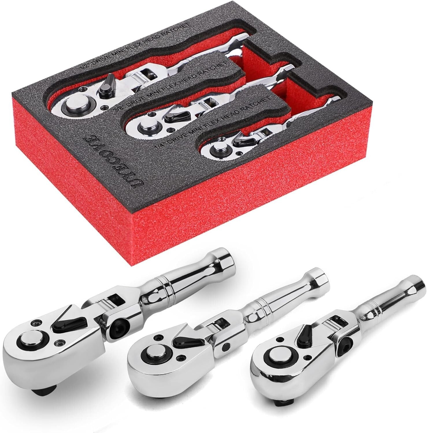 Flexible Head Stubby Ratchet Set - 1/2, 3/8, and 1/4 Inch Drive Wrenches