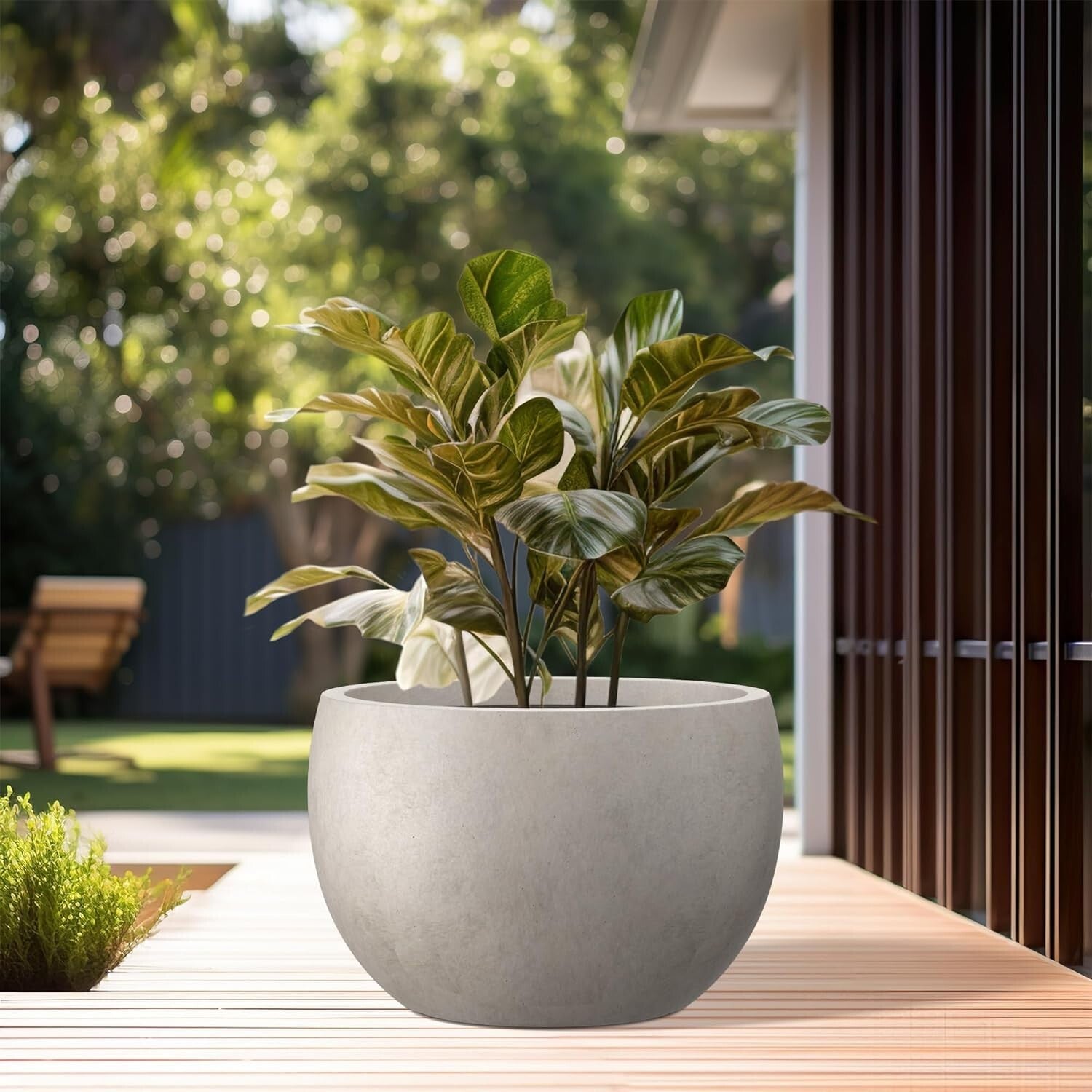 19.9" Weathered Concrete Planter with Drainage - Stylish Indoor/Outdoor Bowl Pot