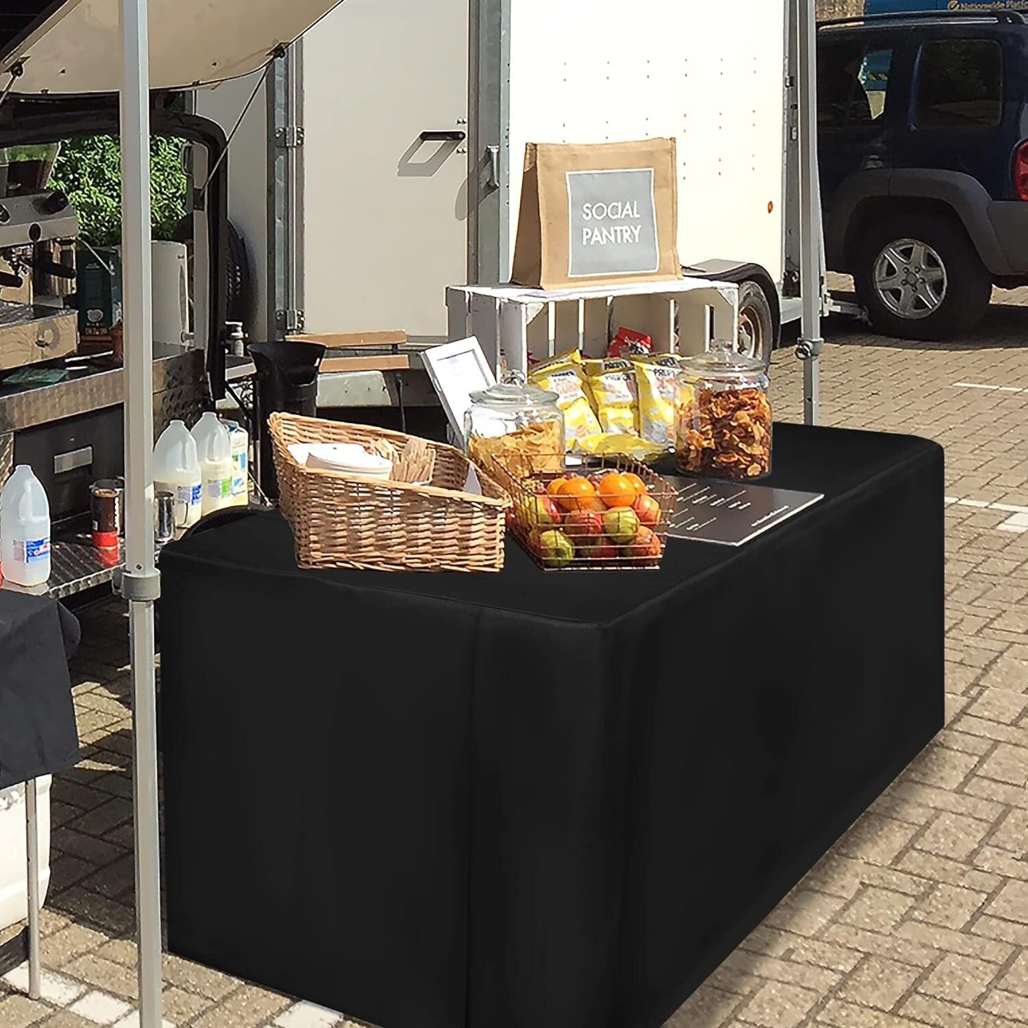 Elegant Black Fitted Table Covers - 4 Pack for Weddings, Buffets & Banquets
