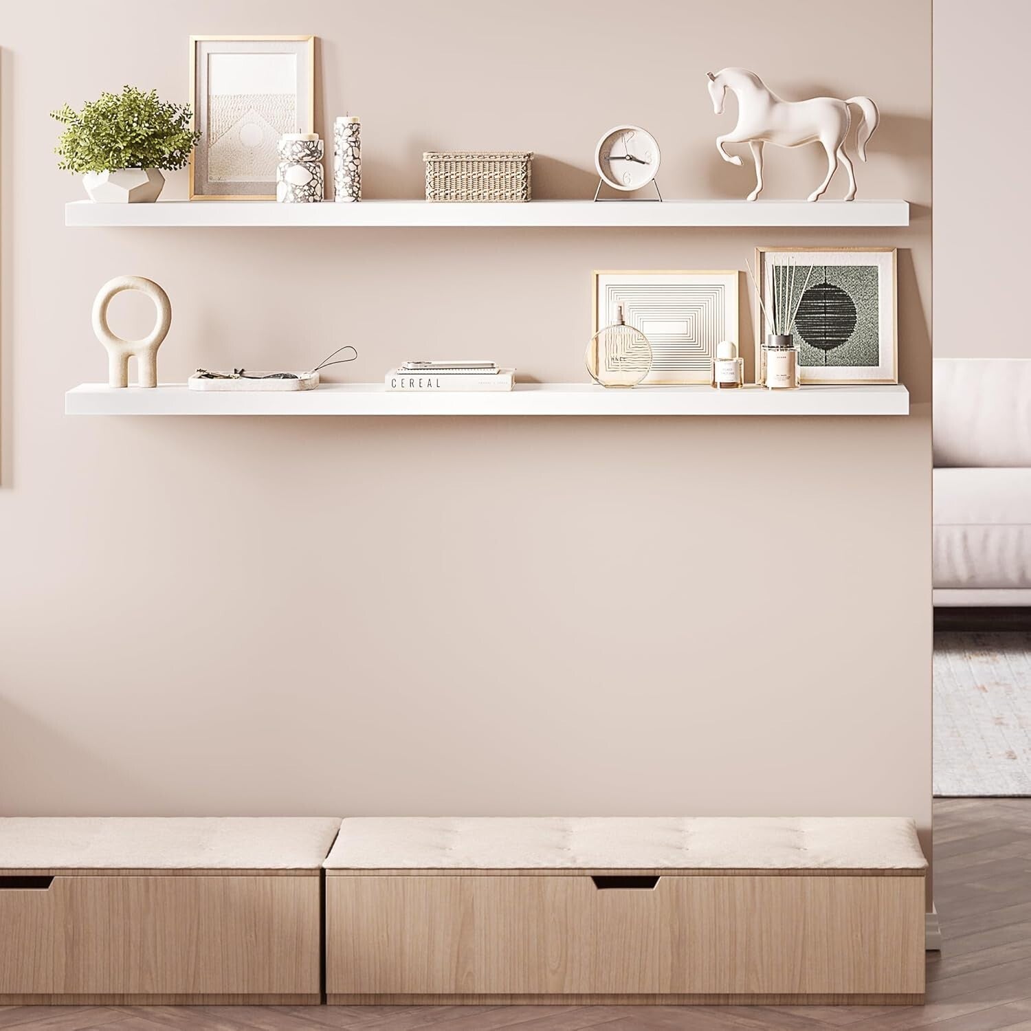 Versatile 60" Wall-Mounted Floating Shelves Set of 2 - Invisible Support Design