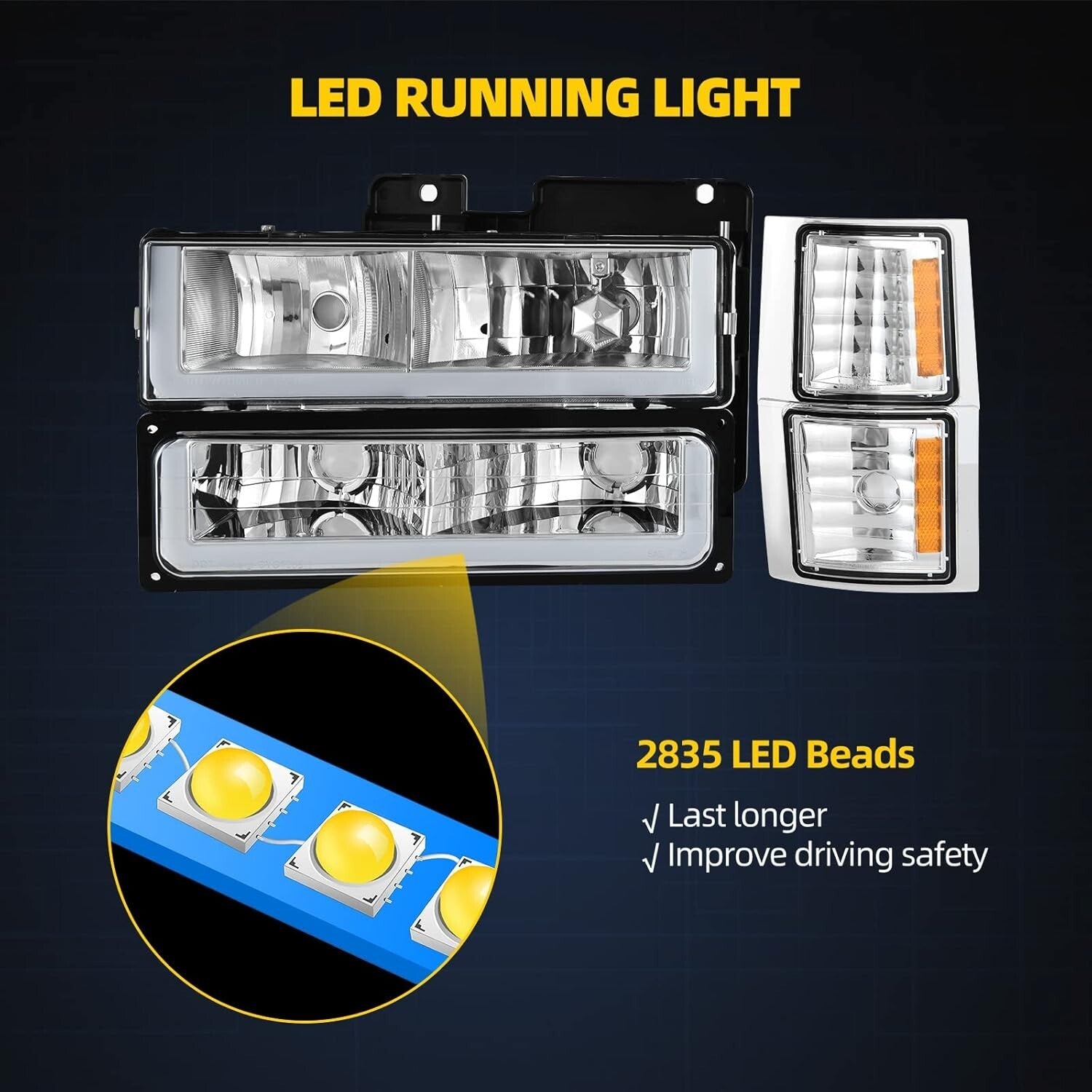 Dual LED Headlight Assembly with Corner Lights for 1994-1999 Chevy Pickup Trucks
