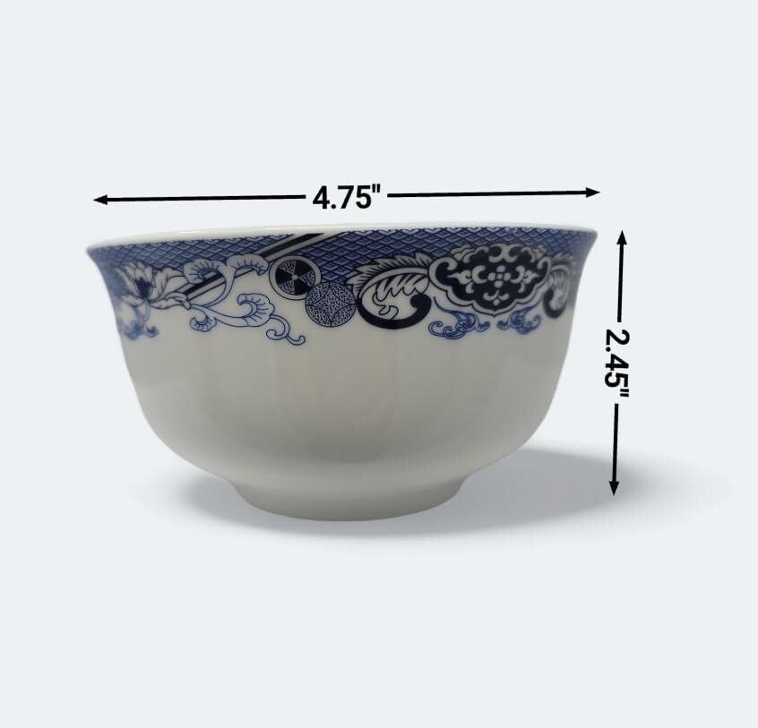 Traditional Blue & White Floral Soup Bowls Set of 6 with Free Porcelain Spoons