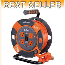 Load image into Gallery viewer, Heavy Duty 60 ft Extension Cord Reel with 4 Outlets &amp; Circuit Breaker Protection