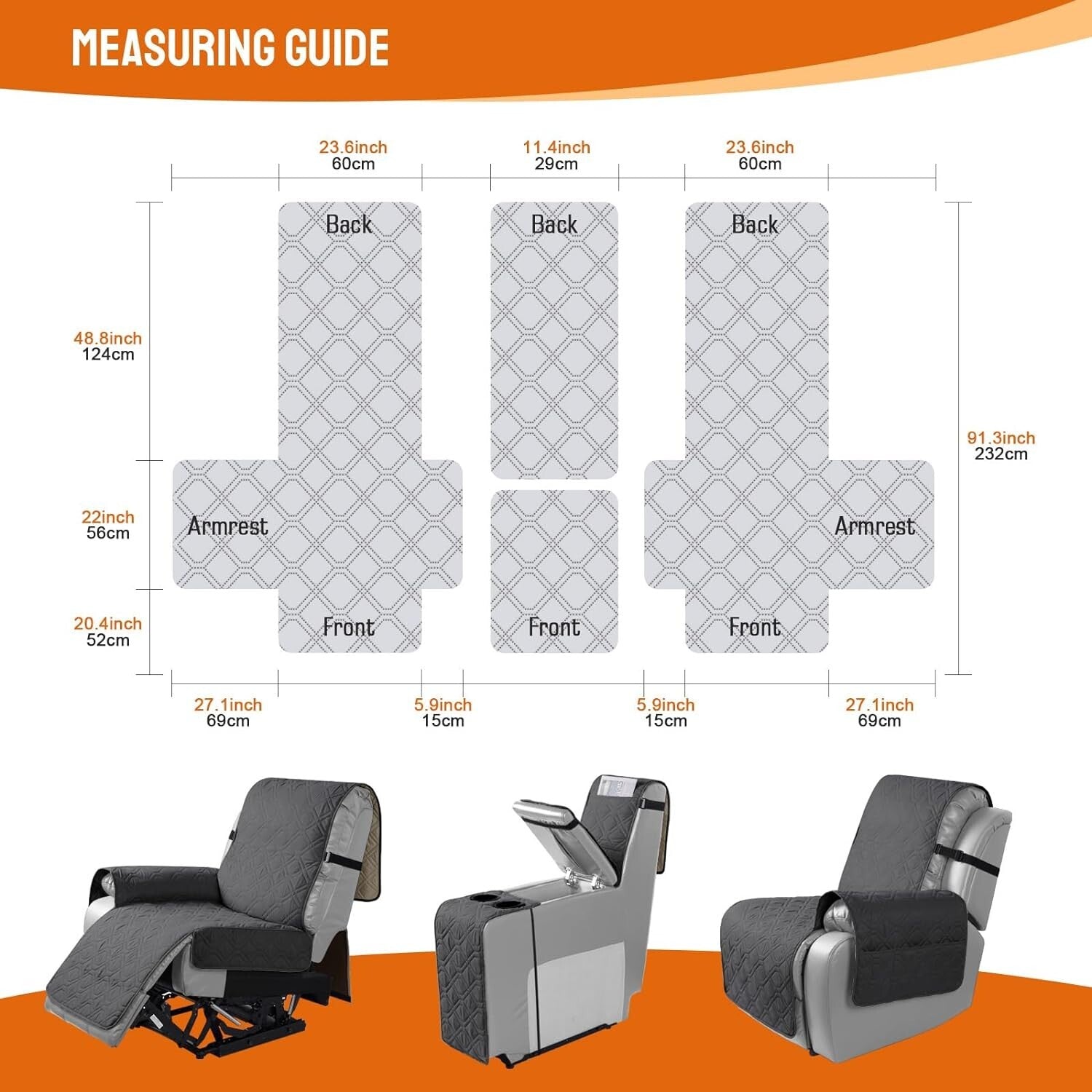 Charcoal Gray Waterproof Loveseat Recliner Cover with Console for Pet Protection