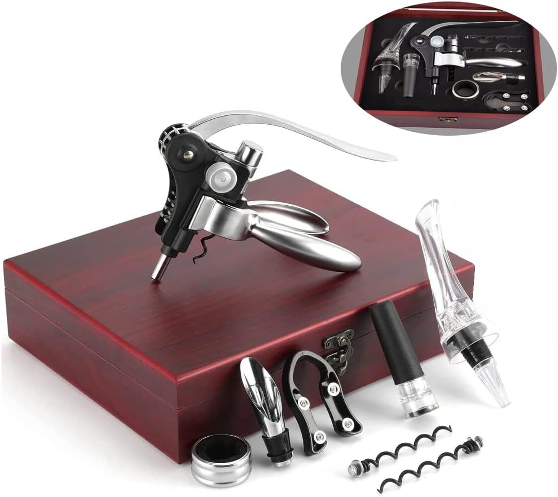Elegant Wine Accessories Kit with Corkscrew, Foil Cutter & Wooden Gift Box
