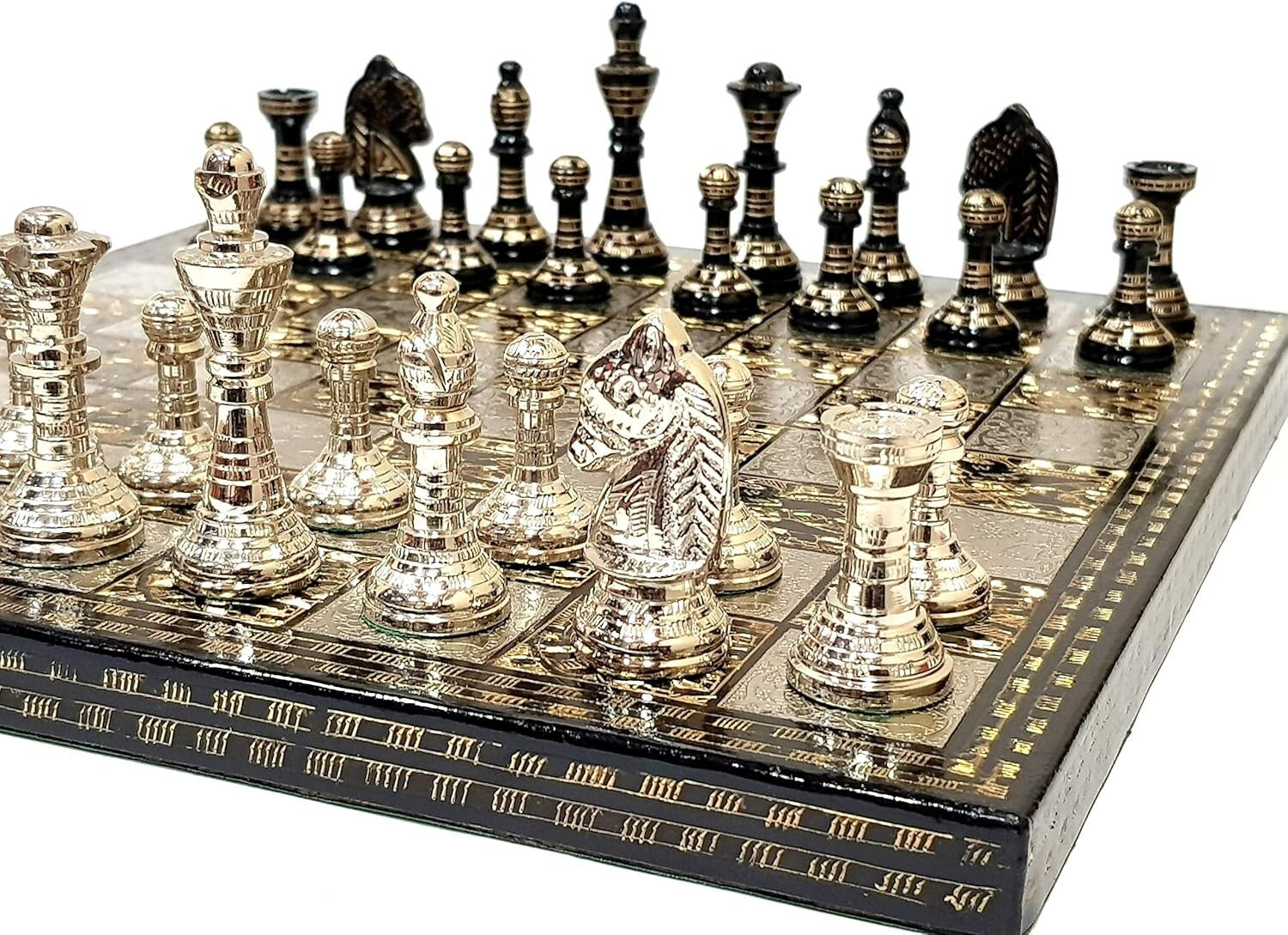 Artisan 12" x 12" Brass Chess Board with Durable Wooden Base & 100% Brass Pieces