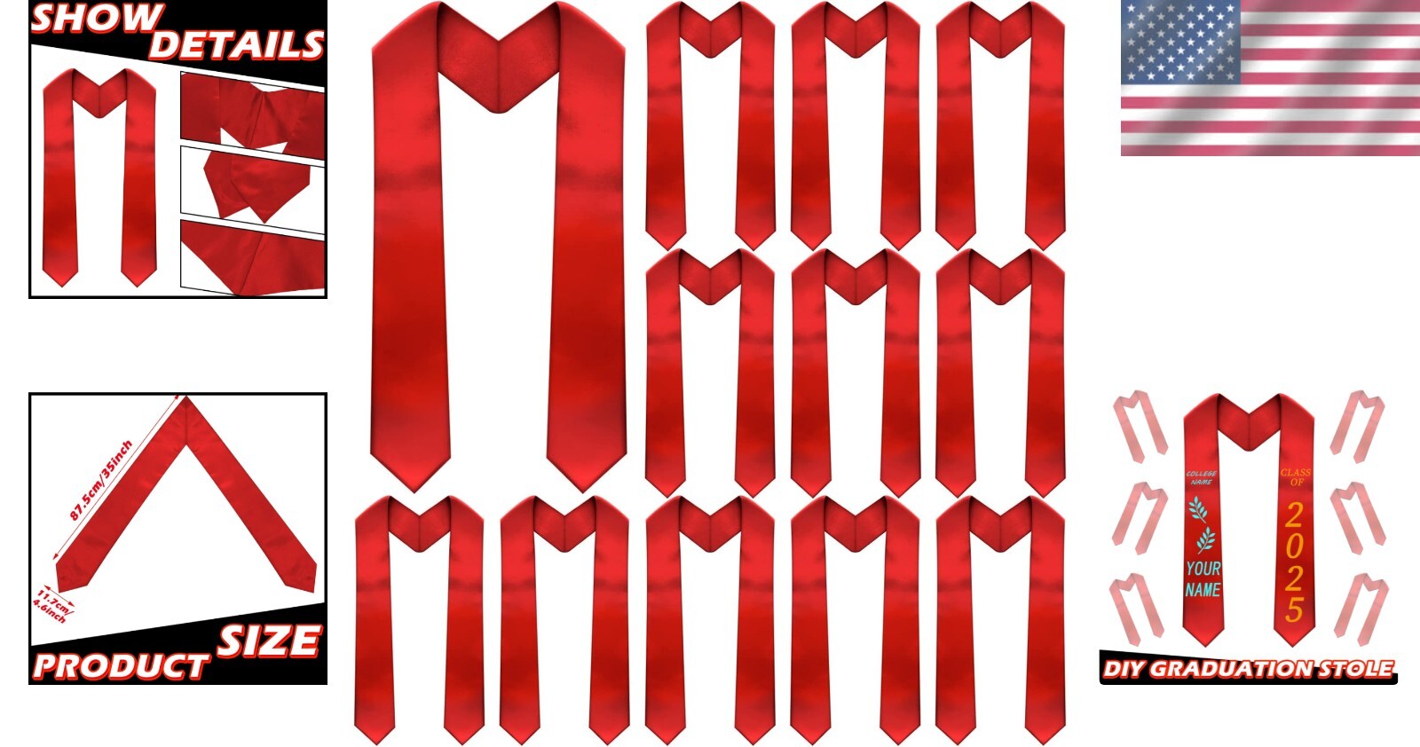 12-Piece Satin Graduation Sashes - Unisex 70-Inch Blank Stoles for Customization