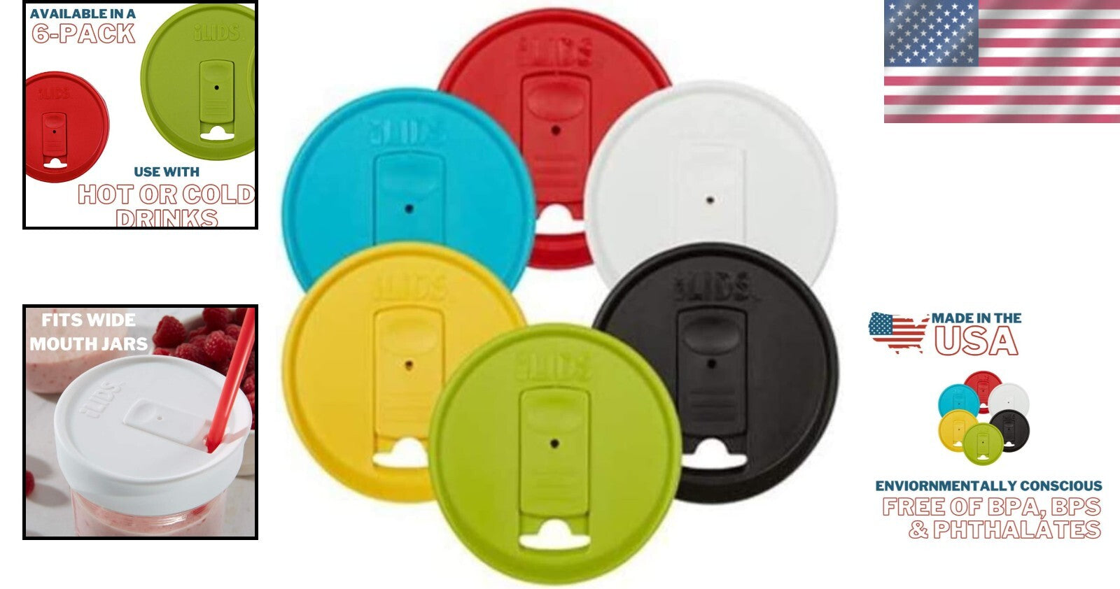 Durable Plastic Mason Jar Drink Lids, Classic Colors, Dishwasher Safe - 6 Pack