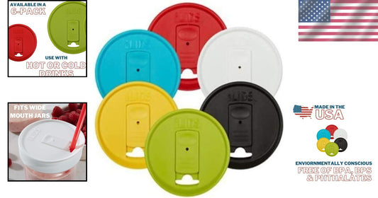 Durable Plastic Mason Jar Drink Lids, Classic Colors, Dishwasher Safe - 6 Pack