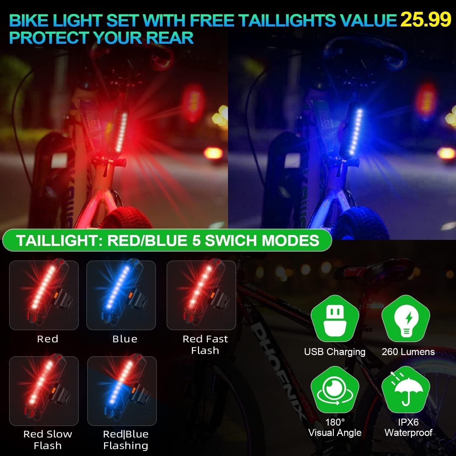 10-Mode USB Rechargeable Bike Lights: Headlight & Taillight for Night Cyclists