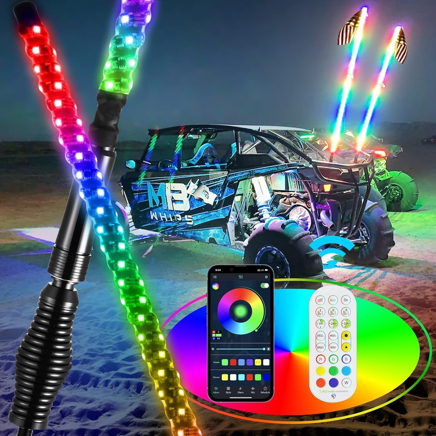 Customizable RGB 4FT Whip Lights with Remote Control for Off-Road Adventures