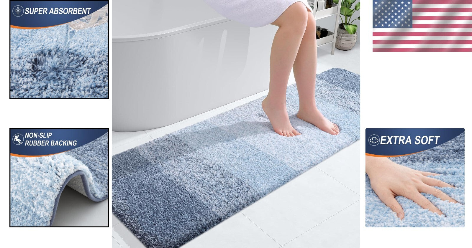 Soft Microfiber Bathroom Mat 59x20 with Rubber Backing - Elegant Blue Stripe