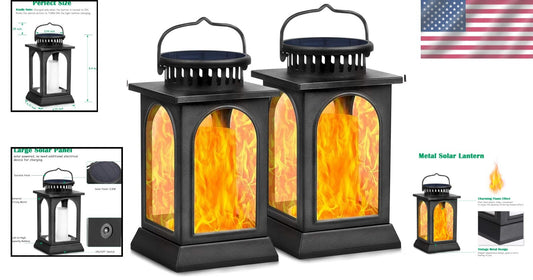2-Pack Solar Flickering Flame Metal Lanterns for Elegant Outdoor Illumination