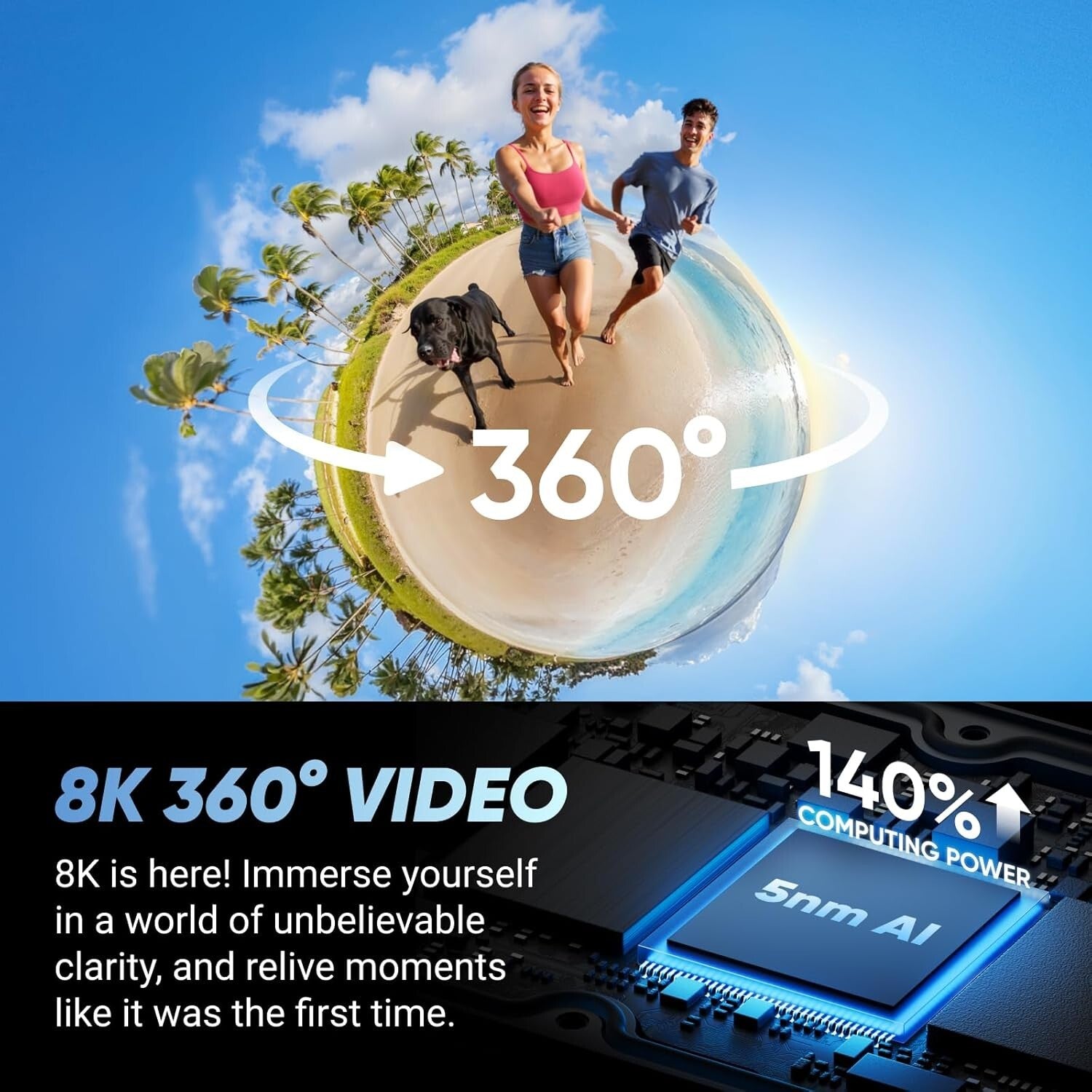 Compact 8K 360 Camera with Gorilla Glass Touchscreen & AI Editing - Rugged Build