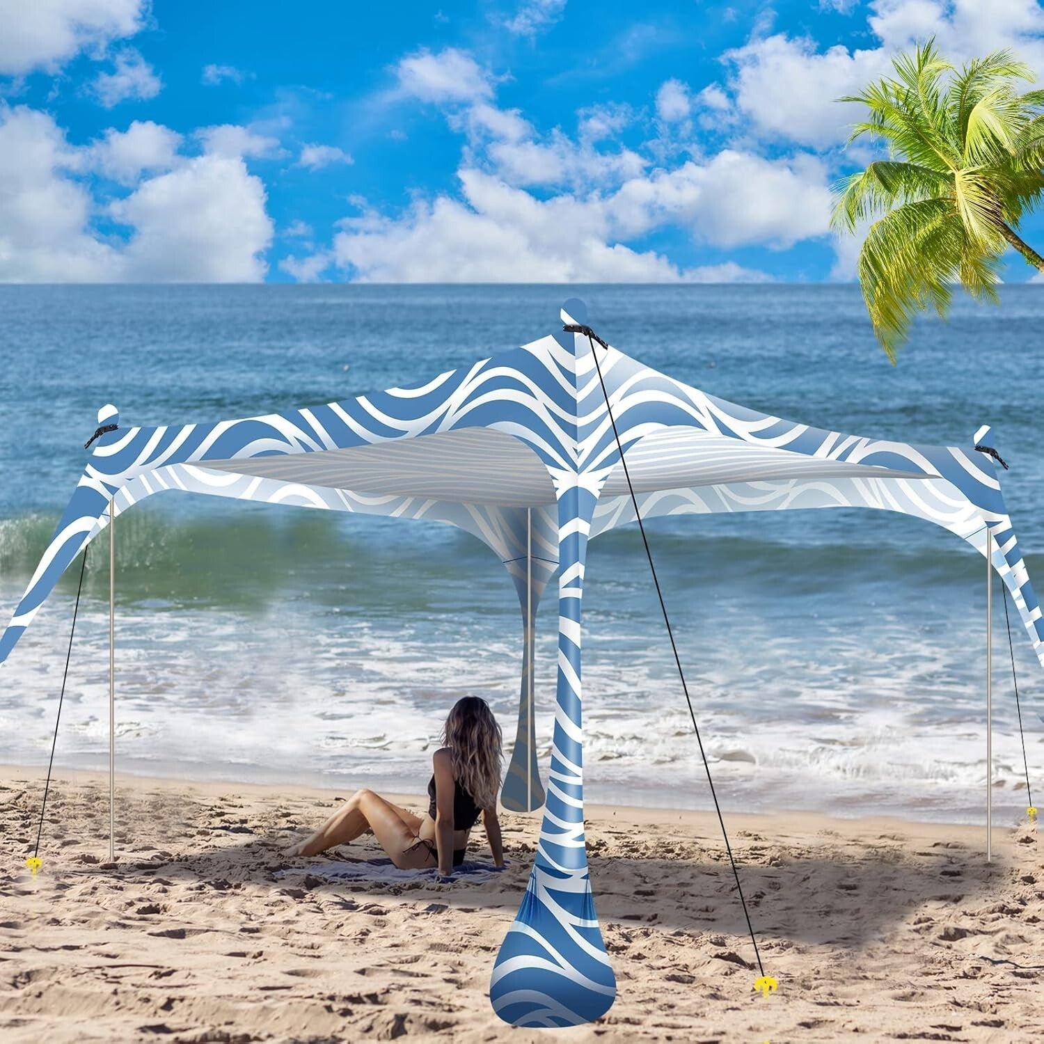 Durable 10x10ft Sun Shelter - Beach Canopy with Foldable Poles & Windproof Ropes