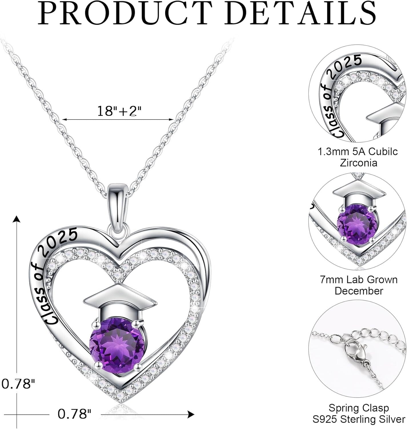 Engraved Class of 2025 Birthstone Necklace - Sterling Silver Graduation Jewelry